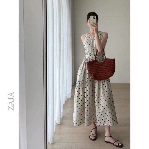 ZAJA 여성 여름 도트 롱원피스 민소매 루즈핏 체형커버 편한 바캉스룩