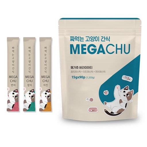 메가츄 짜먹는 츄르 고양이간식 90스틱 대용량, 연어+치킨+참치, 15g, 90개 - 반려동물 추천 상품