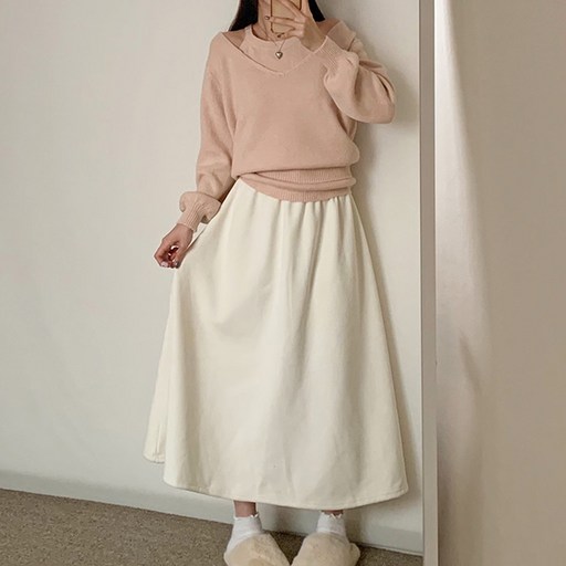 어나더뷰 2350 5컬러 모먼트 코듀로이 밍크 플레어 롱 스커트 밴딩 A라인 스판 골지 퍼 기모 융털 벨벳 골덴 겨울 치마