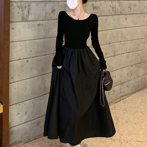 여성 A라인 슬림핏 스타일 신축성 좋은 올블랙 원피스nog55JMz