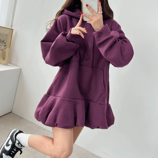 기모 호박 벌룬 캐주얼 캥거루 포켓 후드 미니 원피스 3color