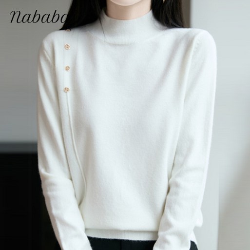 나바바 NK3202 여성 소프트 데일리 반폴라 긴팔 니트티