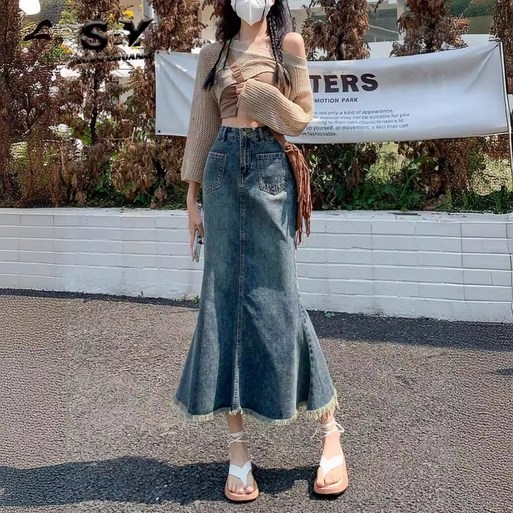 SAHINER 여성 데님 머메이드 스커트 밑단 프린지 봄가을 데일리룩 BQZ52