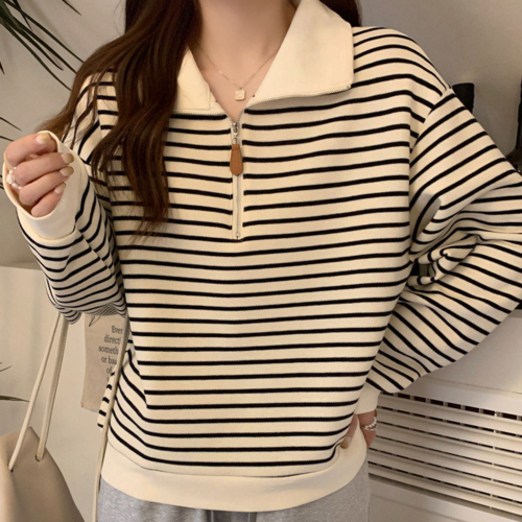 더플로우커머스 여성용 캐주얼 스트라이프 여유핏 긴팔 카라 티셔츠