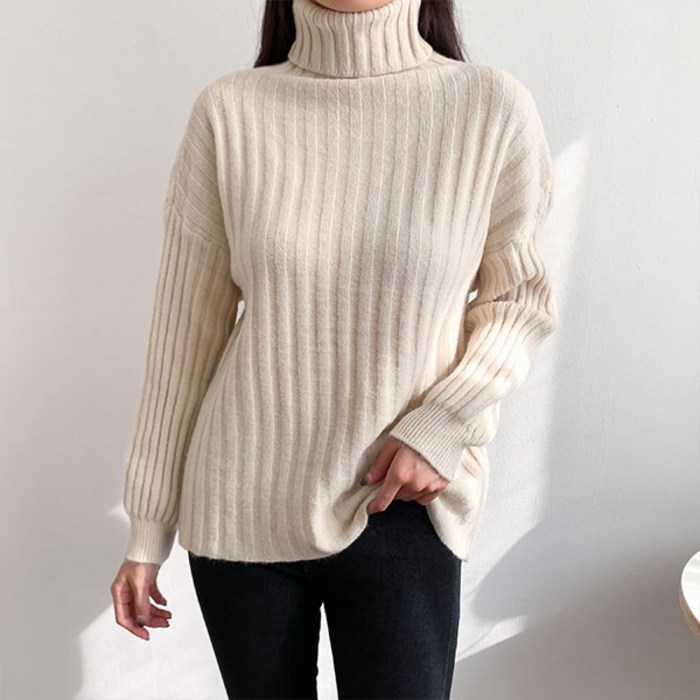 여성용 루즈핏 니트 골지 폴라티