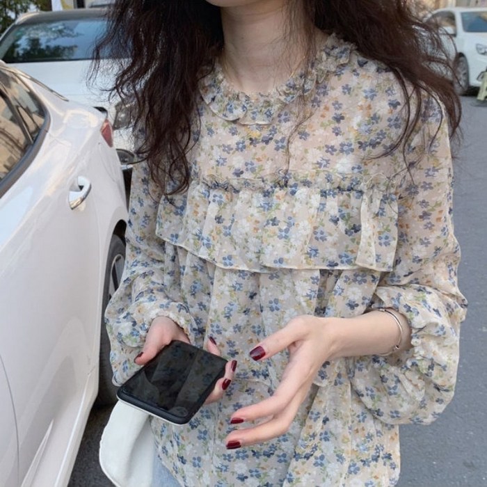 아이엠몽 여성용 러브로 프릴 쉬폰 플라워 블라우스
