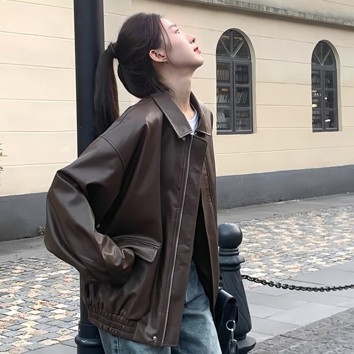 Novastar 여성 루즈핏 점퍼 빈티지 라이더 레더 재킷 코트