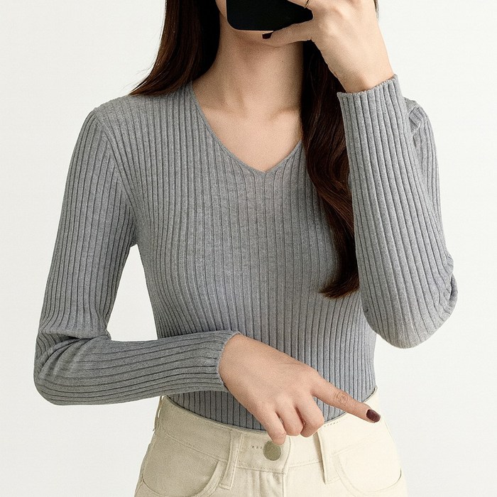 TLB V 여성 브이넥 골지 니트 티셔츠 봄가을 슬림핏 긴팔 이너