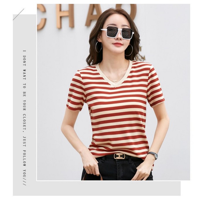마구도가 보들보들 와풀 여성 반팔 티셔츠 스트라이프 코튼 브이넥