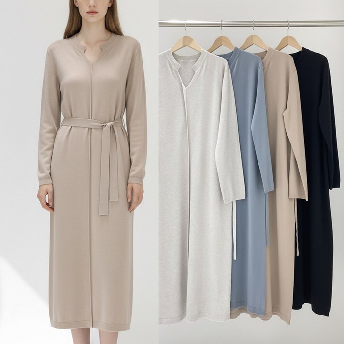 니트코어 여성 따뜻한 부드러운 데일리 고퀄 헨리넥 브이넥 벨트 긴팔 니트 롱원피스 임산부원피스 임부복 등하원룩