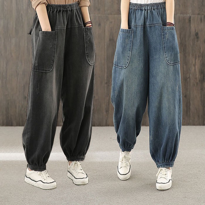 빅사이즈 여성바지 와이드 바지 데일리룩 여자 배기 청바지 밴딩 팬츠 슬랙스 여성 봄 가을  D99U