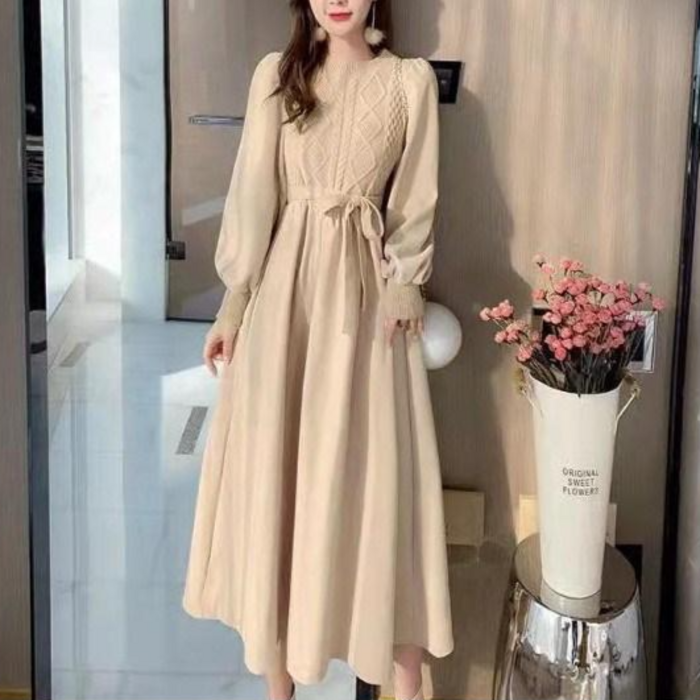 서진맘 여성 캐주얼 꽈배기 패턴 퍼프소매 니트 롱 원피스 하객룩