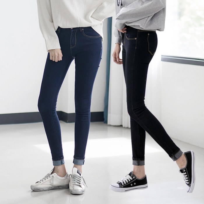 여성용 데일리 생지 스키니진 블랙 진청 허리 스판 청바지