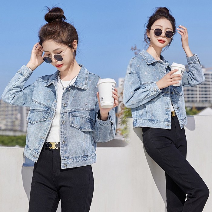 봄 데님 코트 여 상의 사각 넥 쇼트