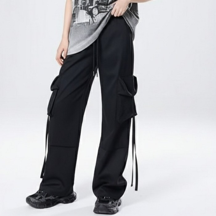 마켓피아 여성용 카고 와이드 밴딩 스트링 팬츠