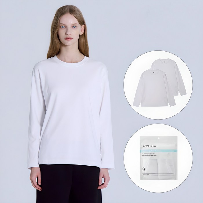 베이직하우스 여성용 통기성 40수 릴렉스핏 라운드 긴팔티셔츠 2종 세트