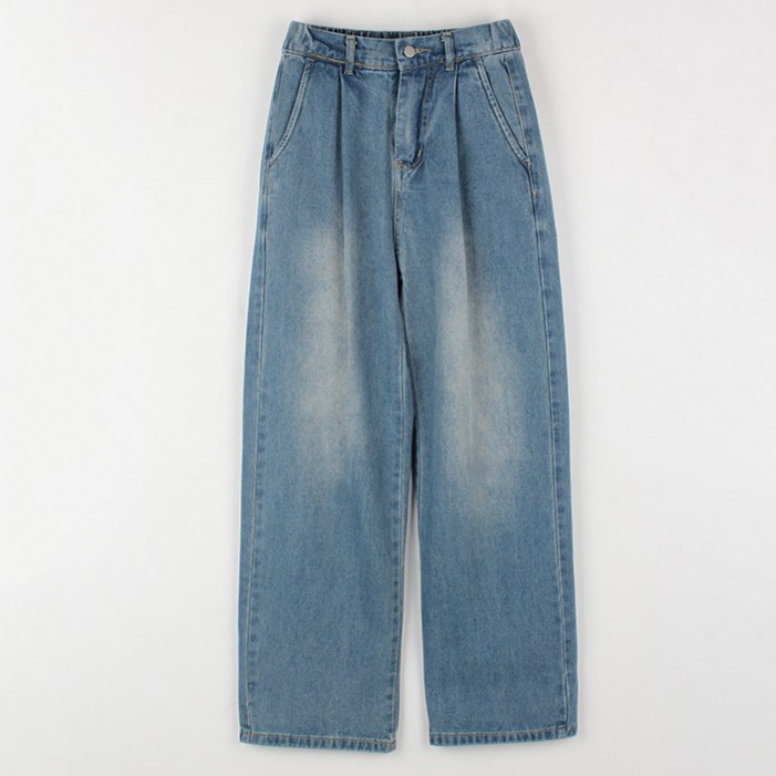 빼빼 여성용 원핀턱 뒷밴딩 와이드 데님팬츠