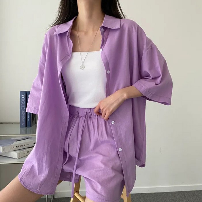 더시럽 여성용 간편한 데일리 셔츠 반바지 투피스