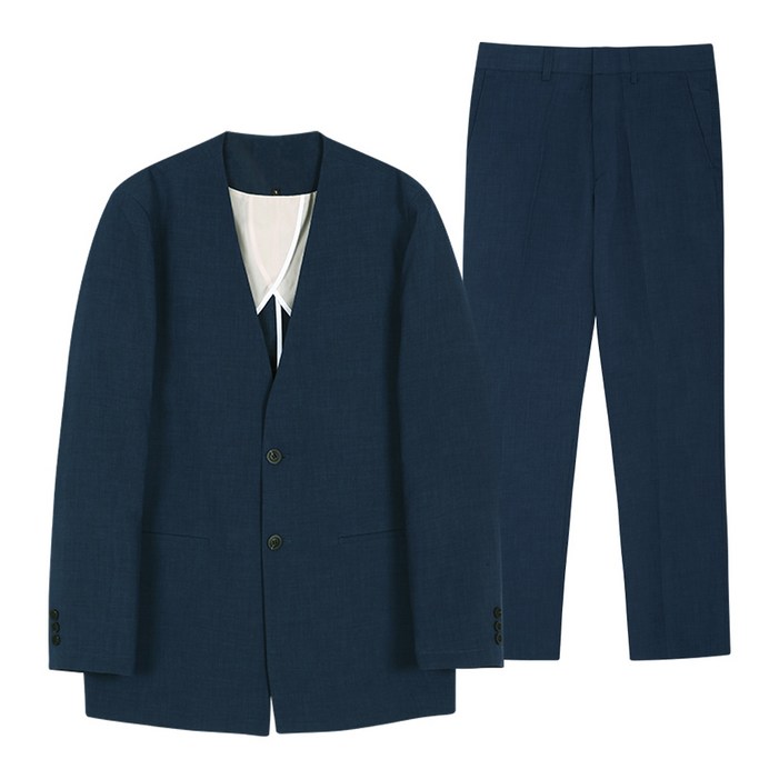 듀아크 남성용 빅사이즈 여름용 포멀 린넨 노카라 자켓  바지 세트