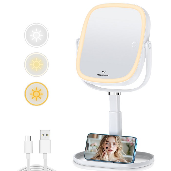 LED 조명 탁상 화장거울 360도회전 1배10배 확대 3000mAh, 화이트