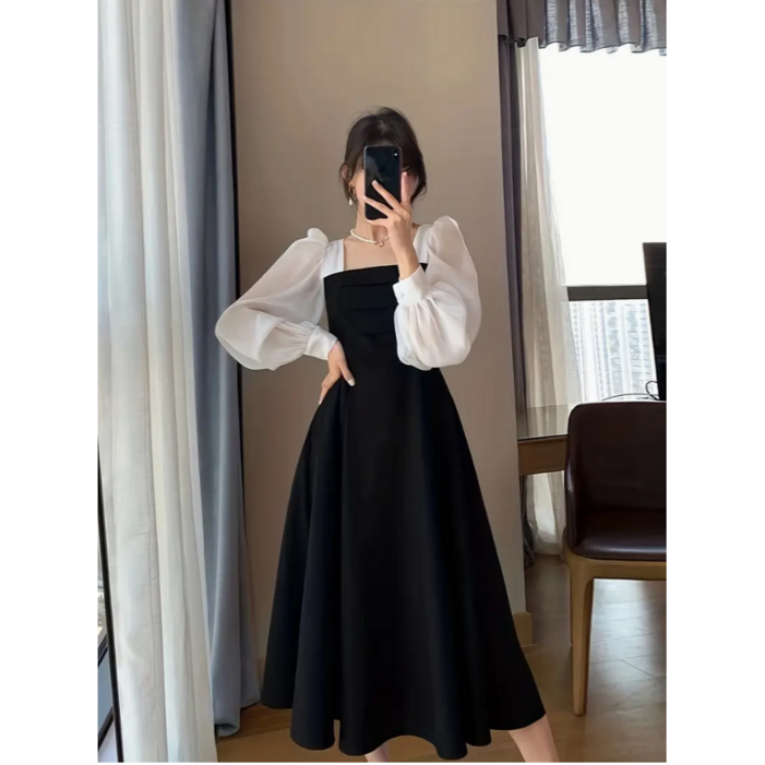 블랙 오간자 A라인 드레스