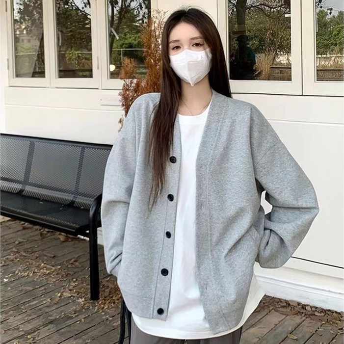 여성 캐주얼 V넥 오버핏 카디건 부드러운 면 소재 심플한 데일리 카디건
