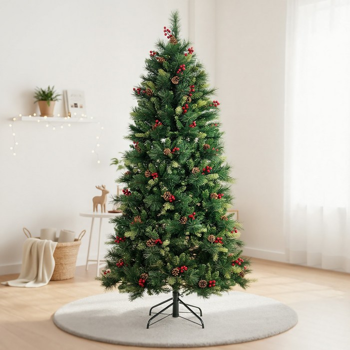 GARVEE 크리스마스 무장식 트리 소나무 빨간 열매 솔방울, 150cm