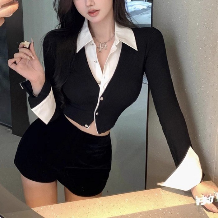 cammello 글램 배색 일체형 카라 셔츠 슬림핏 레이어드 크롭 셔츠가디건