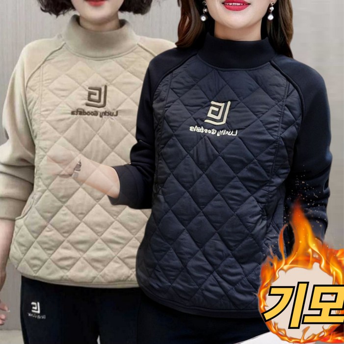 uniquezon 중년여성 따뜻한 누빔 긴팔 맨투맨 목폴라 기모티 오버핏 레터링 빅사이즈 상의 가을 겨울