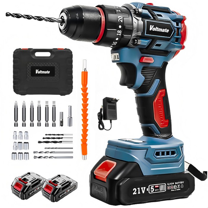 국내발송 VoltMate 21V 203단 다용도 전동드릴 BLDC모터 40N 토크 2단 회전 속도 조절 본체배터리 2개24종 액세서리 세트 가정용 인테리어 임팩트 드릴, 1세트