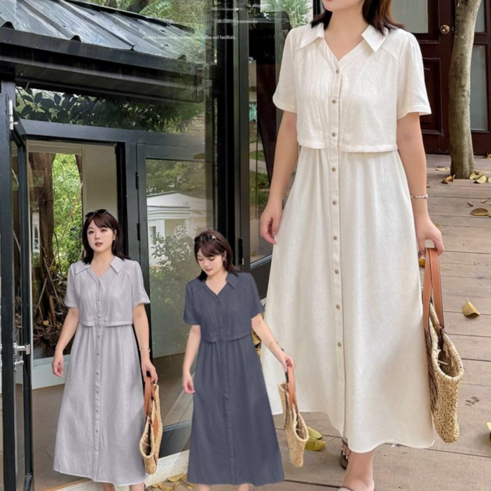 마샹스 빅사이즈120kg가능 면마 셔츠형 롱 원피스 여름 반팔 루즈핏 데일리룩