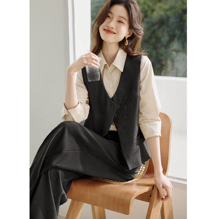 여성 조끼 + 와이드 팬츠 세트 여성 봄 가을 우아한 기품 베스트 와이드 팬츠 정장 세트 세련된 디자인 CBB