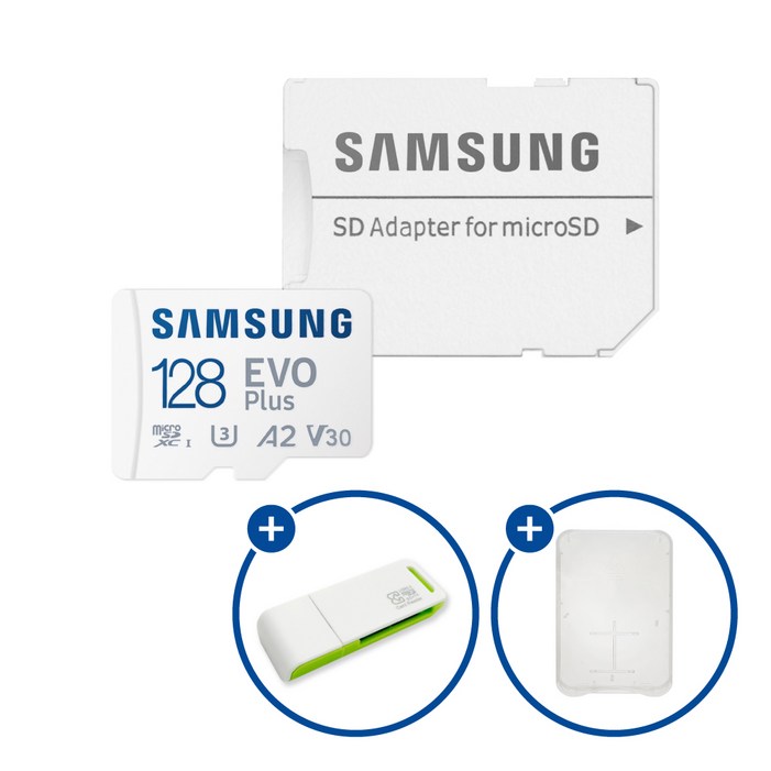 삼성전자 공식인증 정품 마이크로SD카드 EVO PLUS MBMC128SAKR SD카드 케이스 및 이엘 연두 카드 리더기 USB2.0 2in1