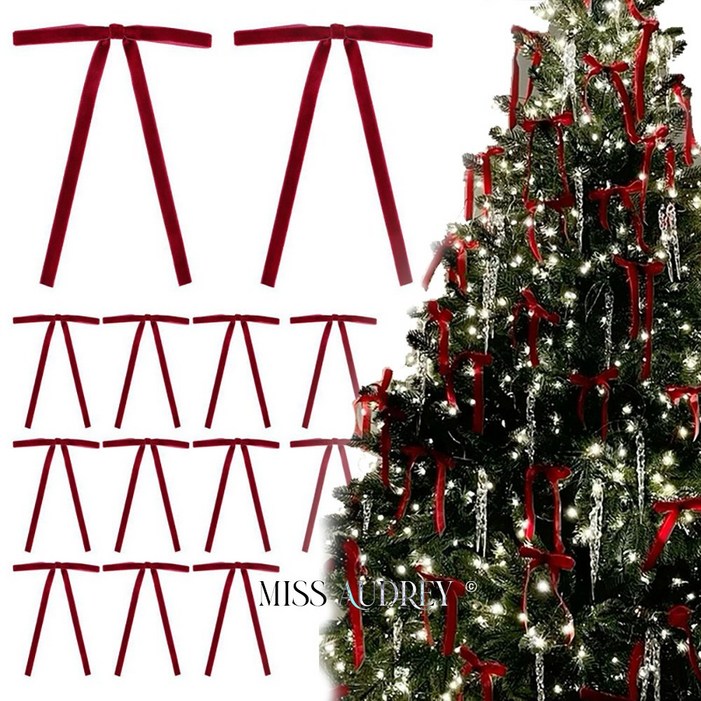 미스오드리 크리스마스 장식 슬림 롱 리본 오너먼트 12p 1세트 2컬러 벨벳 장식 소품 완성리본, 12개, 레드