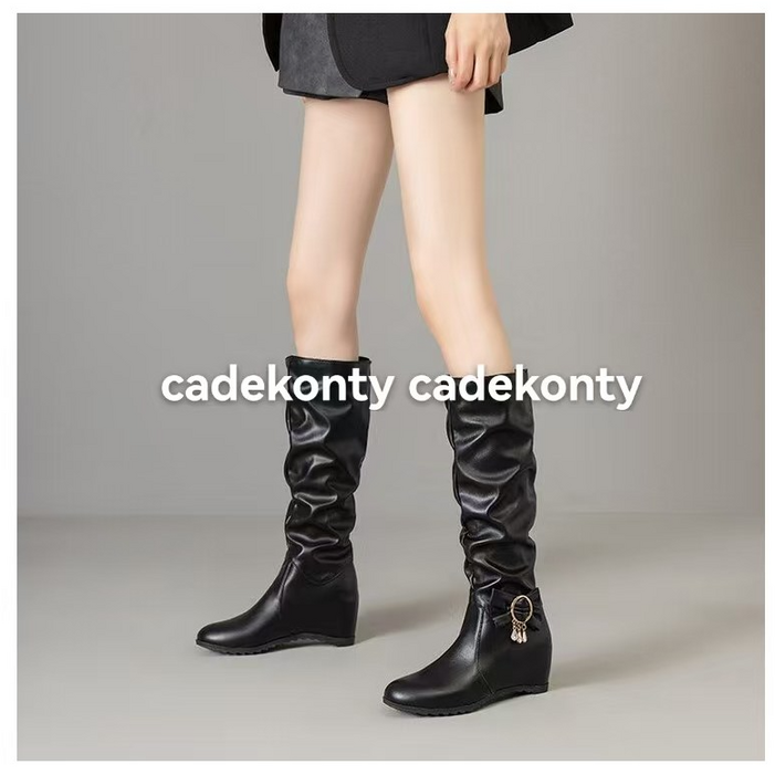 가죽 레더 링클 부츠 키높이 굽높은 웨지힐 갈색 셔링 루즈핏 구두 10cm 220 225