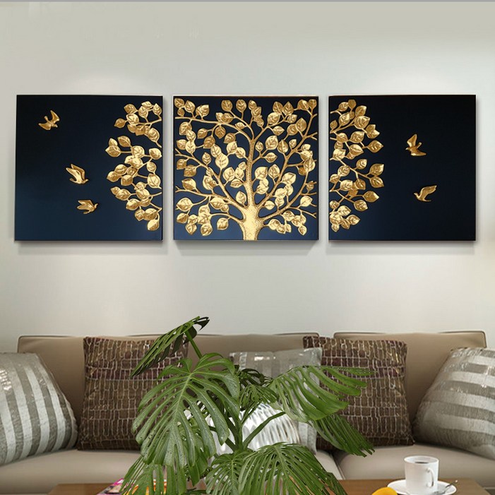 아트블루 돈 들어오는 황금 돈나무 부조 거실 인테리어 액자, 골드나무블랙배경