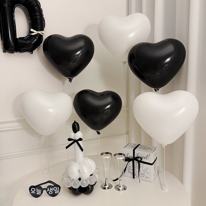 파티몬 생일 파티 용품 블랙 화이트 하트 풍선 슬림 스탠드 브라이덜 샤워 소품, 1개, 슬림스탠드  하트고무풍선 블랙 4P  화이트 4P