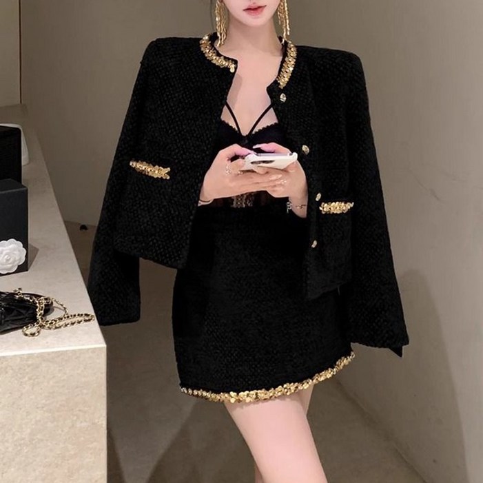 FANSYLI 트위드 스커트 세트 결혼식 하객룩 숏 트위드 정장 재킷하이웨이스트 A라인 스커트 투피스 오피스룩 면접룩 Rt2510O09