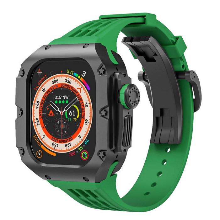 애차드밀 애플워치 호환 메탈 케이스 울트라 9 8 7 SE SE2 일체형 스트랩 명품 스테인리스 티타늄 밴드 줄질, 09.블랙그린