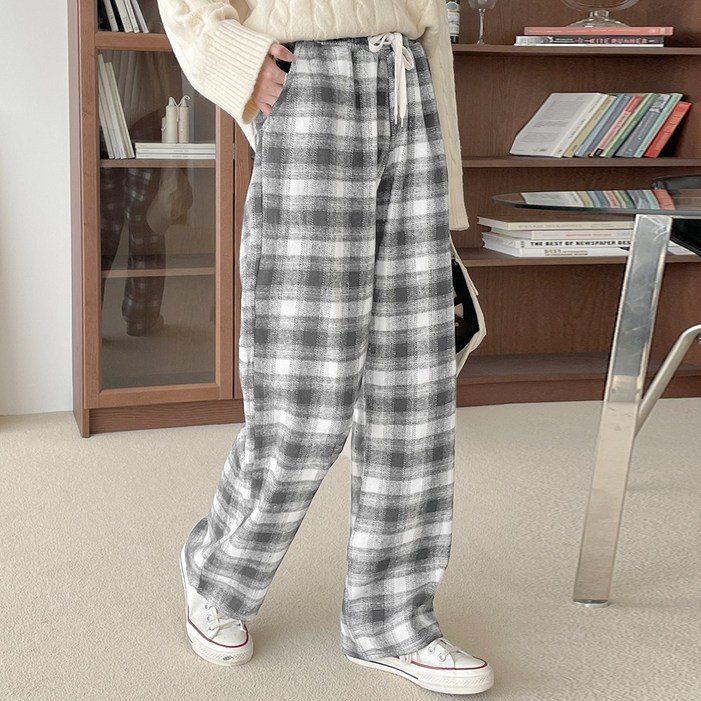 오버나인 여자 여성  타탄 글렌 체크패턴 와이드 밴딩 팬츠 바지