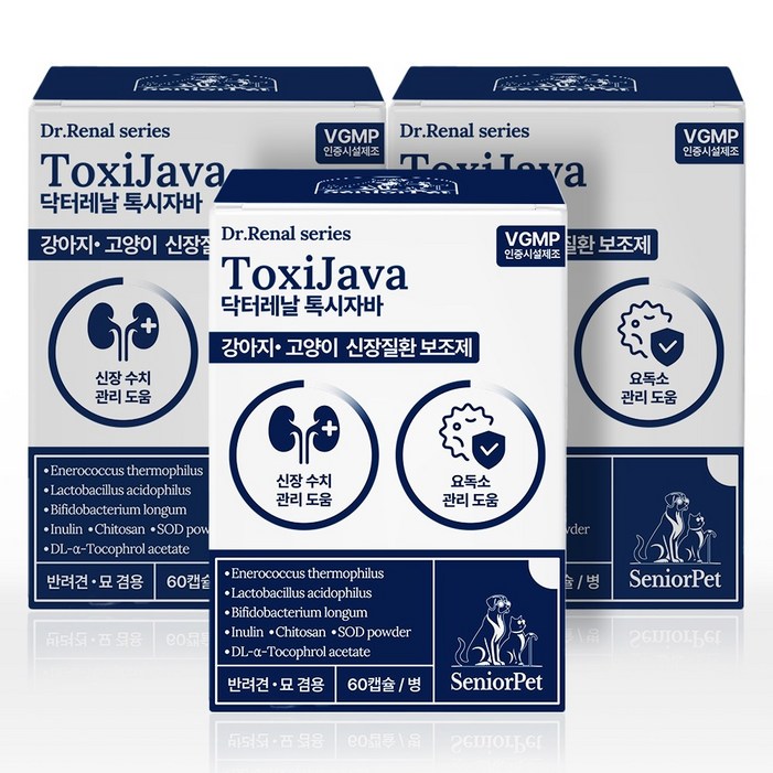 시니어펫 톡시자바 동물병원 신장질환 2기 9000억 유산균 60캡슐, 60정, 유리너리장건강, 3개