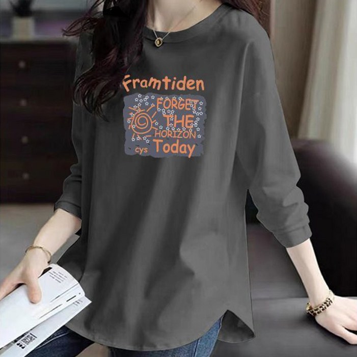 TKX 면티 여성용 긴팔 티셔츠 캐주얼 프린트 면소재 봄가을 패션 루즈 라운드티 K87