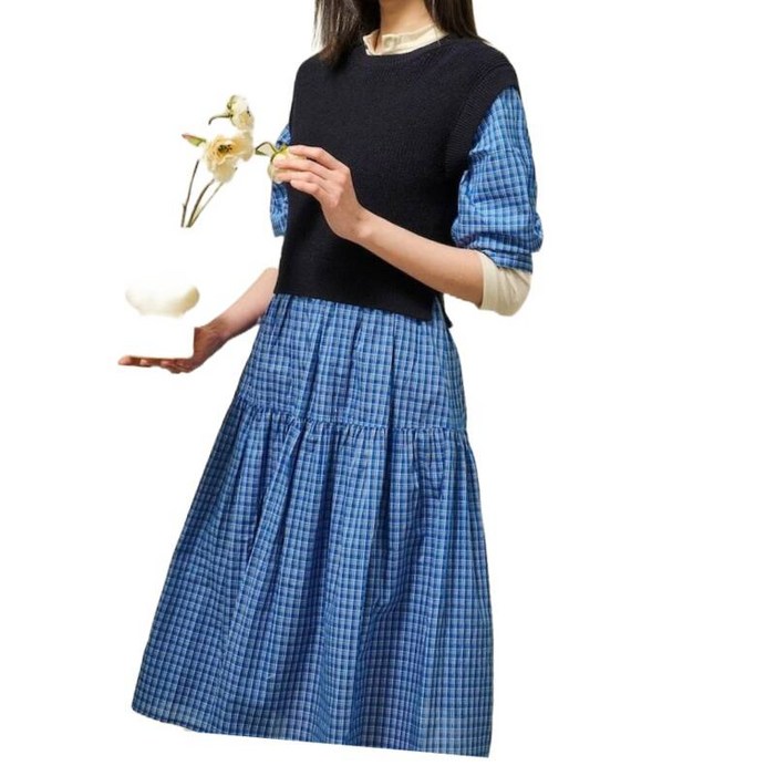 매장판 빈폴 레이디스 니트 베스트 패치 체크 원피스  블루BF5371C04P 133128