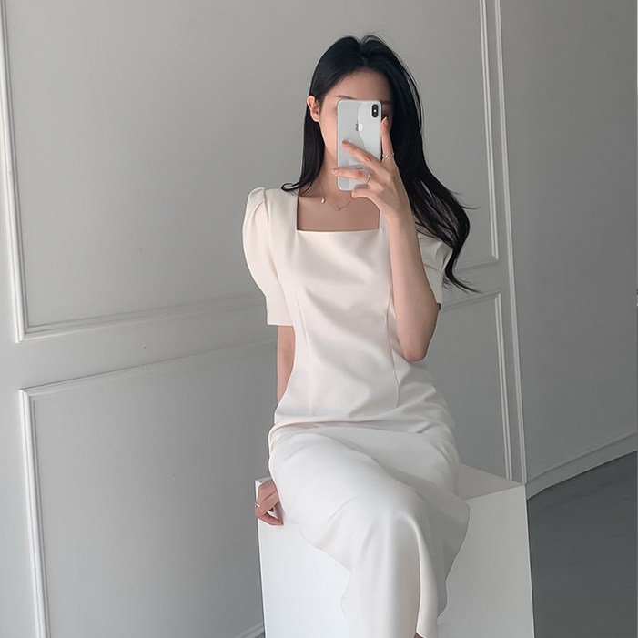 예쁨시전 웨딩룩 스퀘어넥 어깨퍼프 반팔 핀턱 롱 원피스