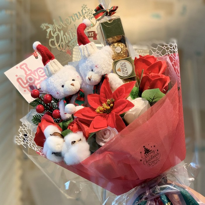 크리스마스선물 크리스마스꽃다발 곰돌이페레로로쉐 곰인형선물 비누꽃다발