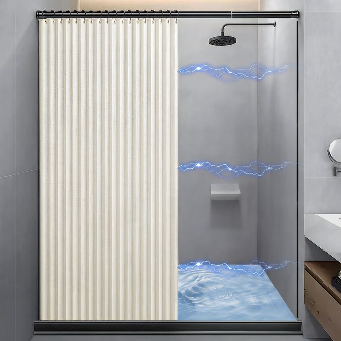 RUN Home 욕실 방수 샤워커튼 무타공 벽면자석 패브릭  커튼봉  하단방수바 세트