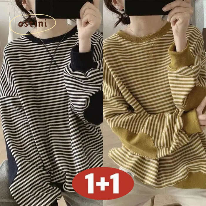 오스틱니 150kg까지 11 날씬해보이는 여성 라운드 스트라이프 클래식 배색 맨투맨 긴팔 티 가을 겨울 빅사이즈 멋지군 BF 루즈핏 간절기 이너 큰옷 캐주얼 여자 티셔츠