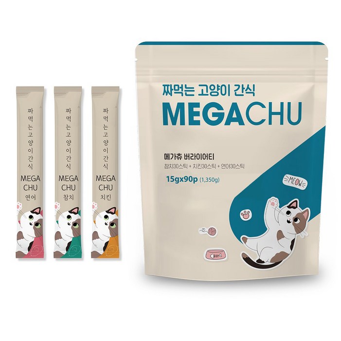 메가츄 짜먹는 츄르 고양이간식 90스틱 대용량, 2개, 연어치킨참치, 1.35kg, 2개 메가츄 짜먹는 츄르 고양이간식 90스틱 대용량, 2개, 연어치킨참치, 1.35kg, 2개