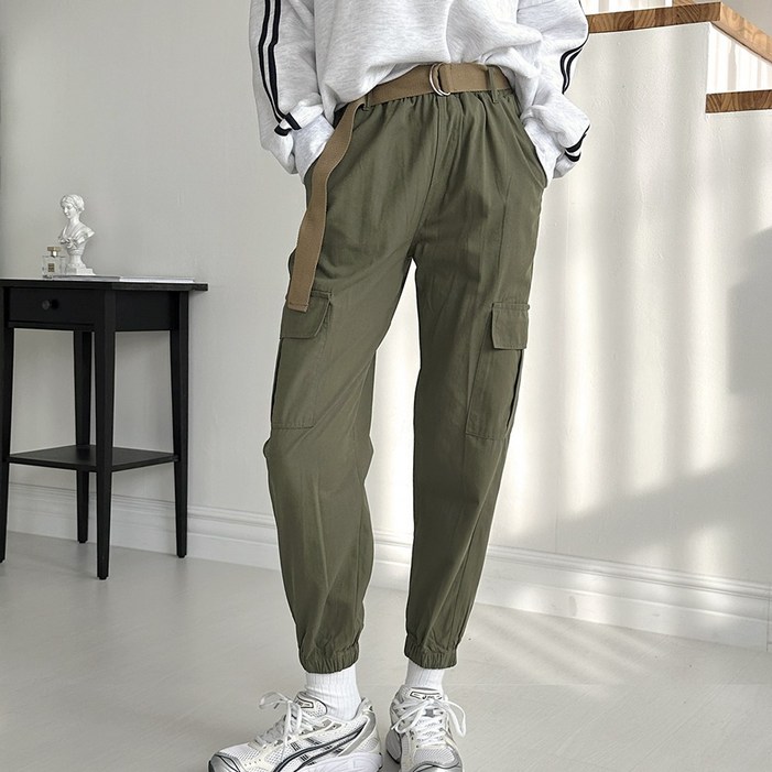 로로비 여성 코튼 카고 바지 허리 밴딩 조거 팬츠