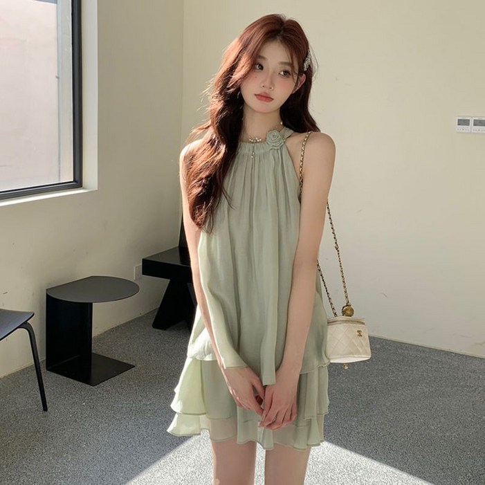 싱싱덴덩 여성 여름 원피스 세트 슬리브리스 홀터넥 원피스 프릴 치맛자락 미니원피스